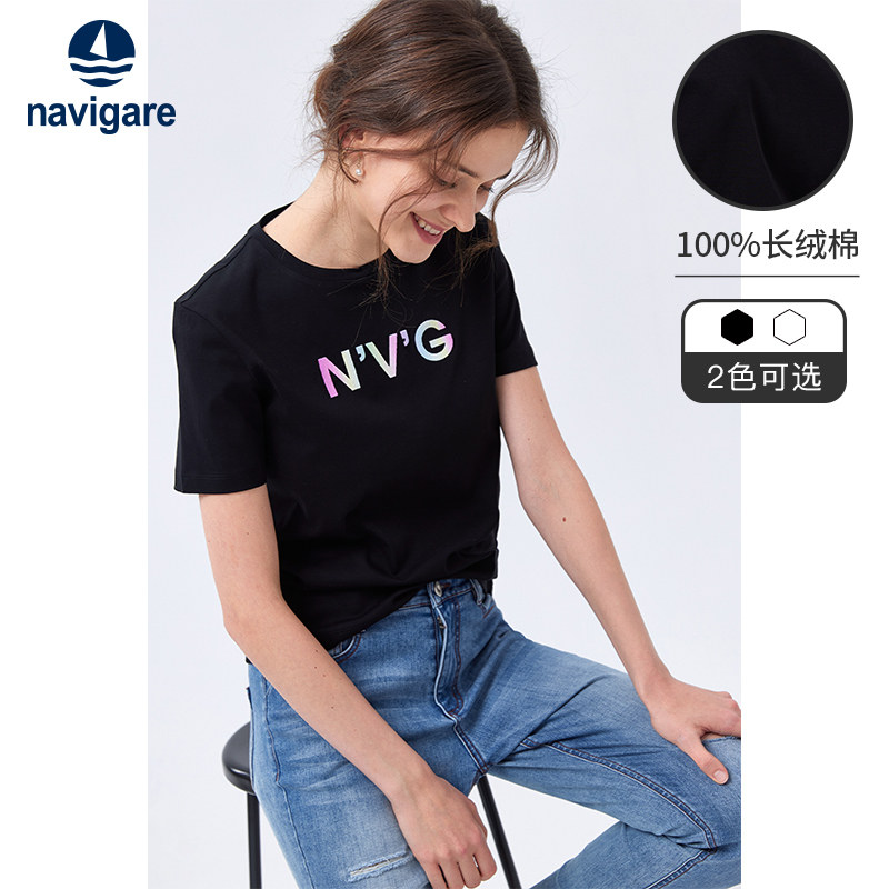 [纯棉]Navigare意大利小帆船新款短袖t恤女圆领黑色字母体