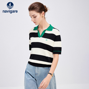 Navigare意大利小帆船翻领条纹短袖polo衫女士新款休闲针织T恤