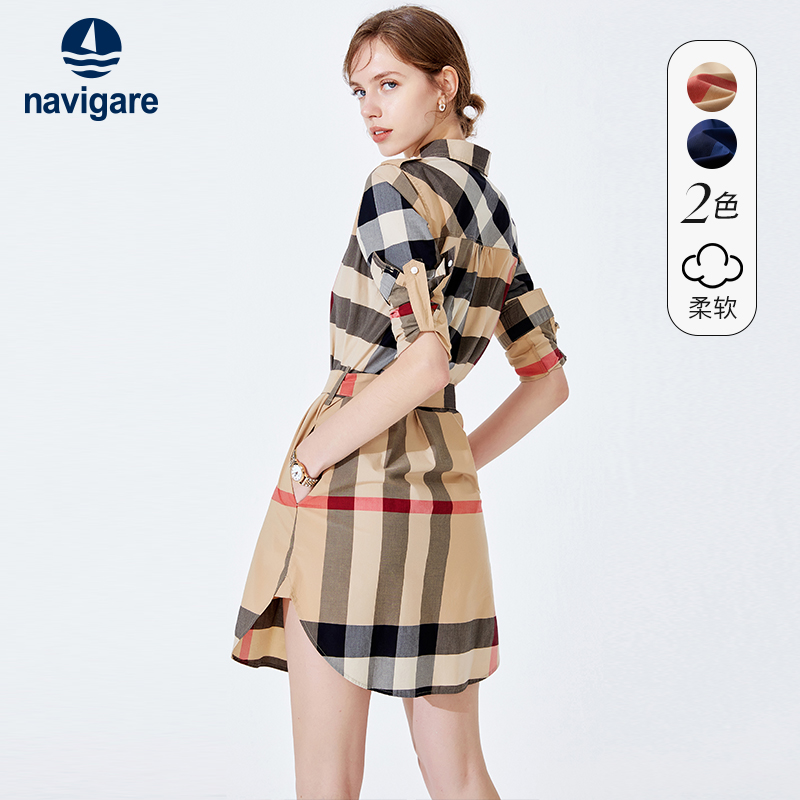Navigare意大利小帆船女装秋季休闲格子衬衫连衣裙修身显瘦