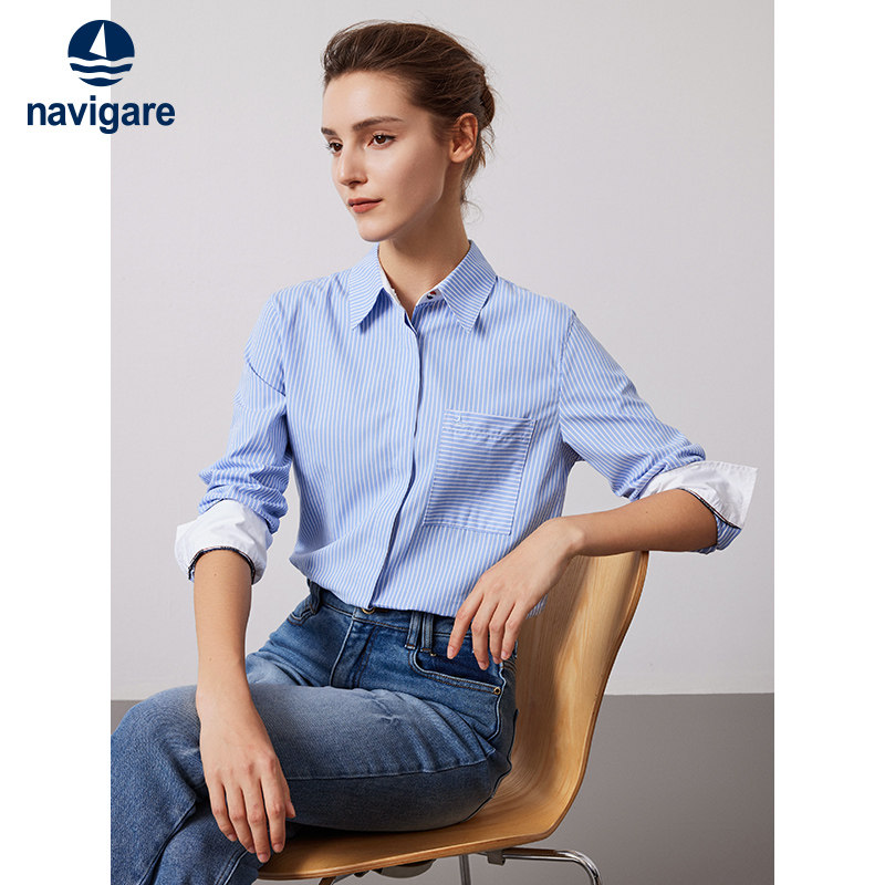 [纯棉]Navigare意大利小帆船蓝色工装衬衫女春季新款长袖条