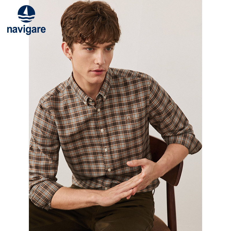 Navigare意大利小帆船秋季高级感衬衫男长袖复古休闲格子衬衣