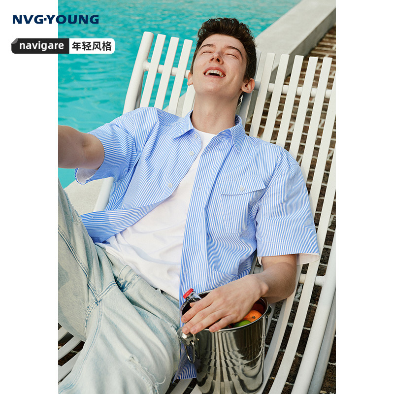 Navigare意大利小帆船蓝色纯棉短袖衬衫男士宽松条纹衬衣外套