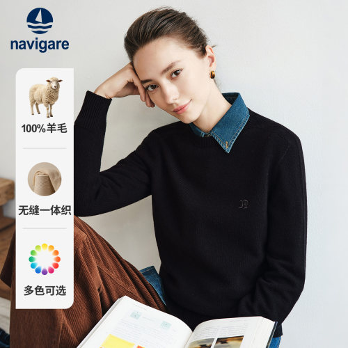 【纯羊毛】navigare小帆船黑色圆领毛衣女秋冬新款通勤长袖针织衫