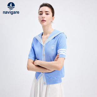 Navigare意大利小帆船海军领针织衫女短袖休闲舒适开衫外套