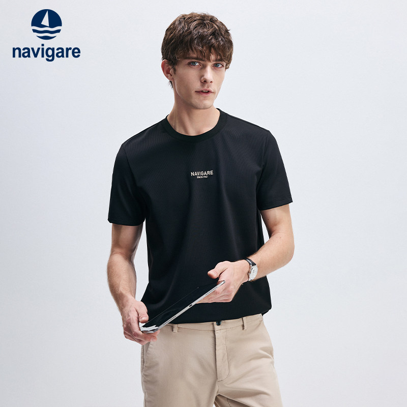 [速干]Navigare意大利小帆船黑色短袖T恤男休闲圆领刺绣上