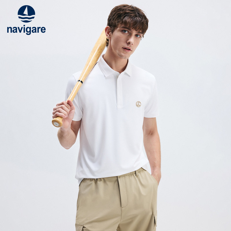 Navigare意大利小帆船夏季白色翻领POLO衫男士短袖T恤菠萝衫