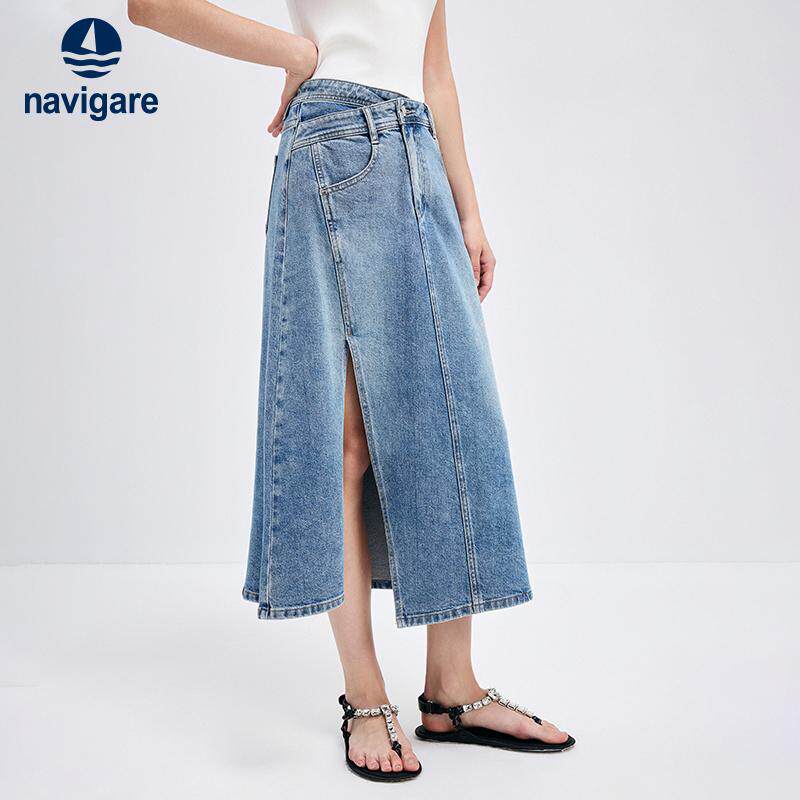 Navigare意大利小帆船蓝色休闲牛仔裙女士半身裙开叉a字裙子