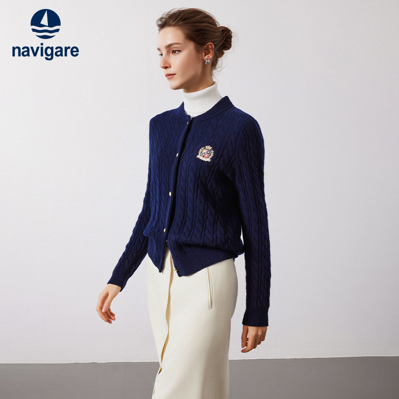 [纯羊毛]Navigare意大利小帆船蓝色针织开衫女士休闲绞花毛衣外套,女装/女士精品,毛针织衫,淘宝优惠券,粉丝福利购,淘宝优惠卷