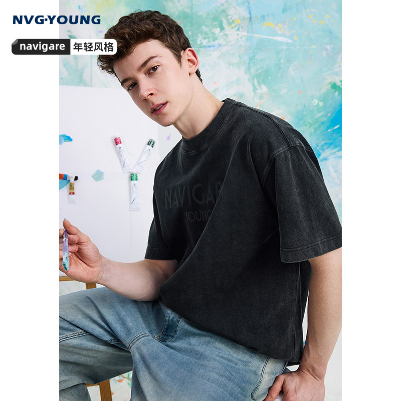 [重磅]Navigare意大利小帆船黑色宽松圆领T恤男夏季休闲纯