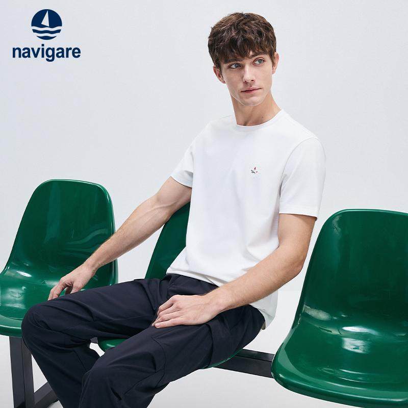 [冰丝]Navigare意大利小帆船夏季白色短袖T恤男士休闲圆领