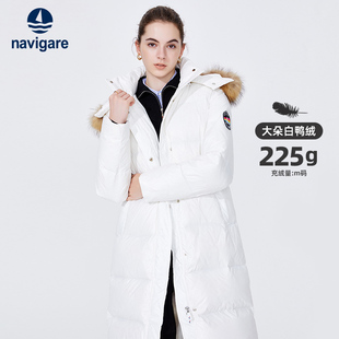 [貉子毛]Navigare意大利小帆船中长款羽绒服女冬季新款白鸭绒外套