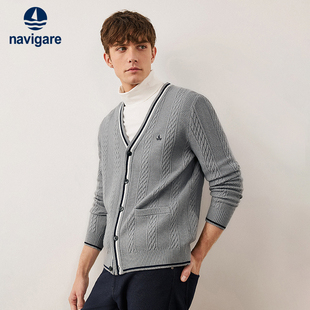外套 休闲针织开衫 Navigare意大利小帆船白色时尚 绞花毛衣男秋冬款