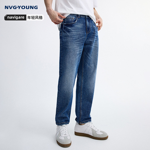 Navigare意大利小帆船蓝色复古水洗牛仔裤男士锥形裤宽松裤子