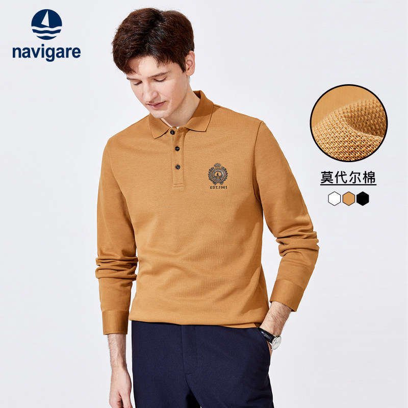 Navigare意大利小帆船春季保罗polo衫男长袖黑色商务休闲