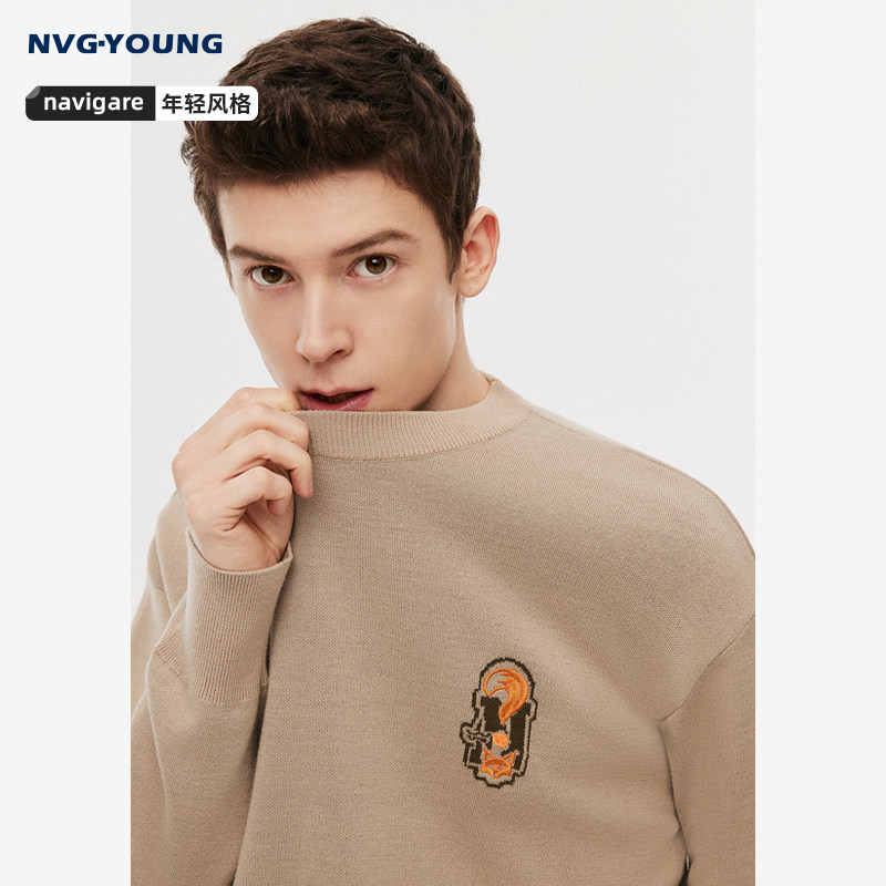 Navigare意大利小帆船冬季卡其色休闲毛衣男士宽松圆领针织打
