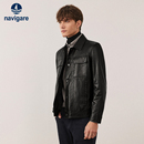 休闲工装 Navigare意大利小帆船黑色皮衣外套男秋季 皮夹克 山羊皮