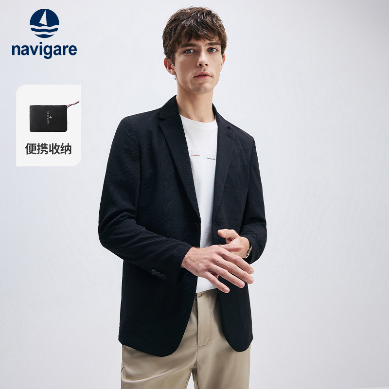 [易收纳]Navigare小帆船黑色休闲西服外套男士秋季薄款泡泡纱西装