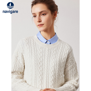 [纯羊毛]Navigare意大利小帆船白色休闲绞花毛衣女冬季保暖针织衫