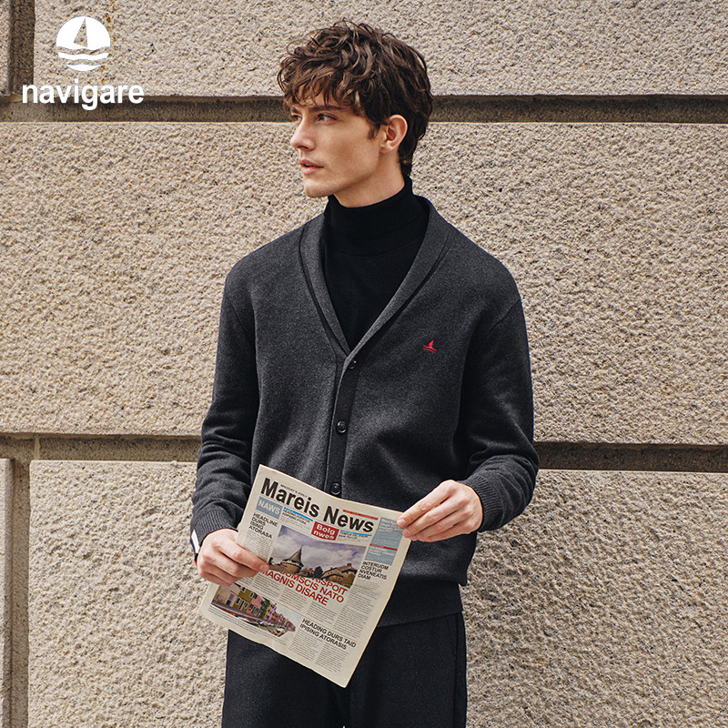 Navigare意大利小帆船老钱风青果领针织衫开衫男秋冬通勤毛衣外套
