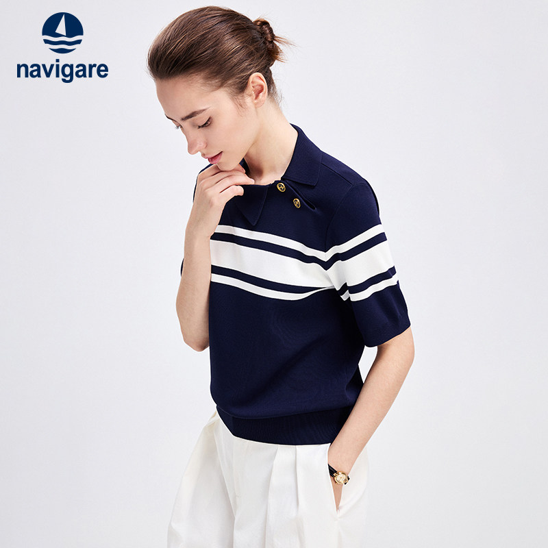 [远航系列]Navigare意大利小帆船条纹polo衫女士短袖针织T恤