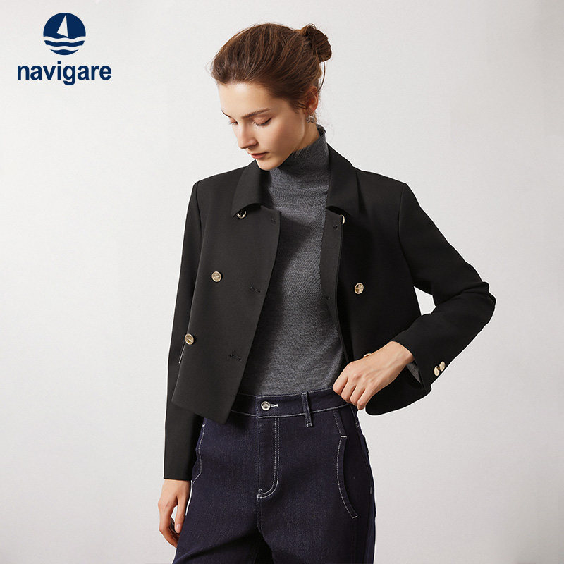Navigare意大利小帆船春季黑色休闲翻领上衣女士宽松短外套,女装/女士精品,短外套,淘宝优惠券,粉丝福利购,淘宝优惠卷