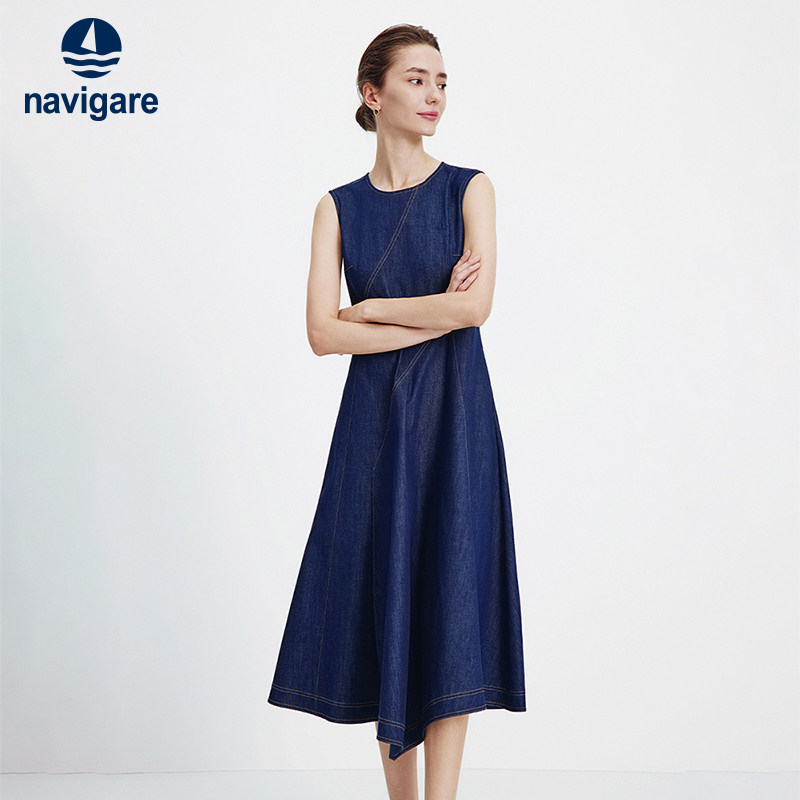 Navigare意大利小帆船无袖连衣裙女2026春夏新款收腰复古牛仔裙子