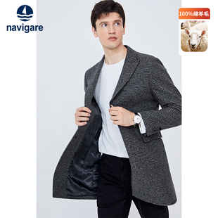 [纯羊毛]Navigare意大利小帆船中长款毛呢外套男春季休闲格子大衣