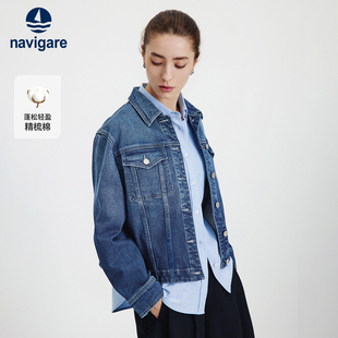 Navigare意大利小帆船短款牛仔服女新品翻领厚款复古长袖工装夹克
