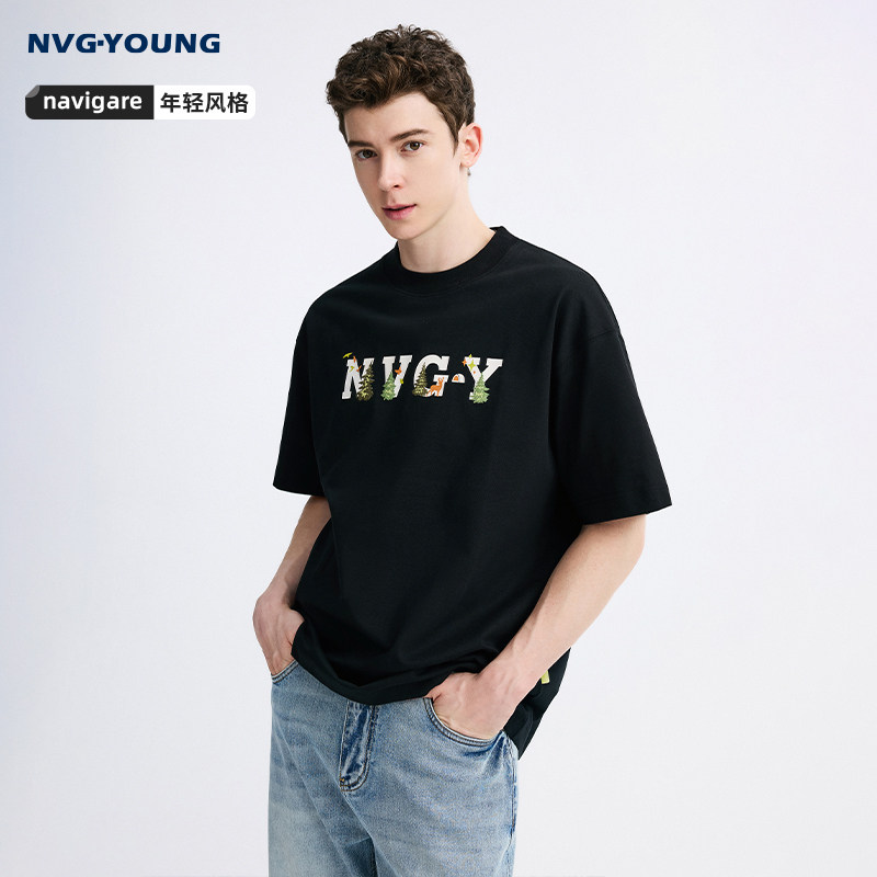 【冰丝】Navigare意大利小帆船夏季黑色宽松体恤男士短袖重磅