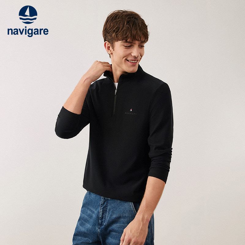[磨毛]Navigare意大利小帆船黑色长袖T恤男士新款休闲保暖