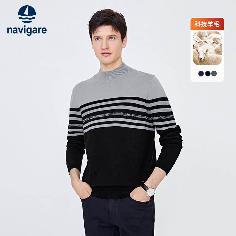 [羊毛]Navigare意大利小帆船条纹休闲毛衣男秋季长袖针织打底衫