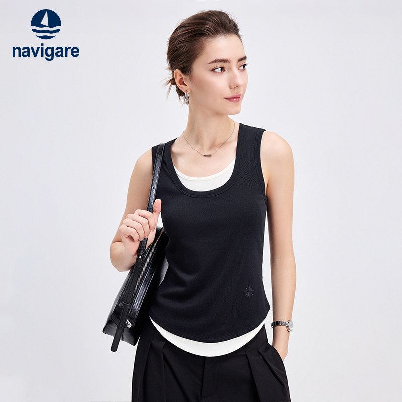 [假两件]Navigare意大利小帆船针织吊带背心女士黑色打底上