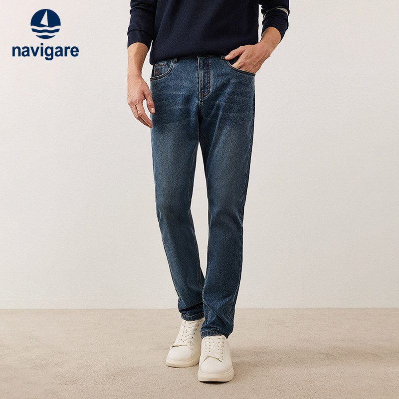 [磨毛]Navigare意大利小帆船蓝色休闲牛仔裤男秋冬新款小脚