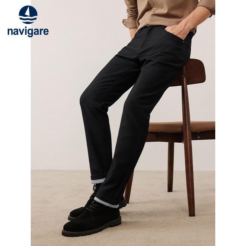Navigare意大利小帆船休闲裤男士仿牛仔裤小脚裤子黑色直筒裤