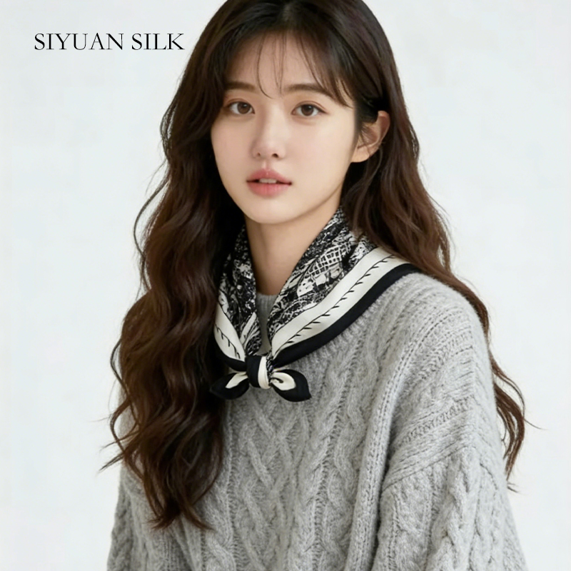 复古格纹小方巾女丝巾丝毛百搭丝质桑蚕丝围巾气质领巾时尚披肩