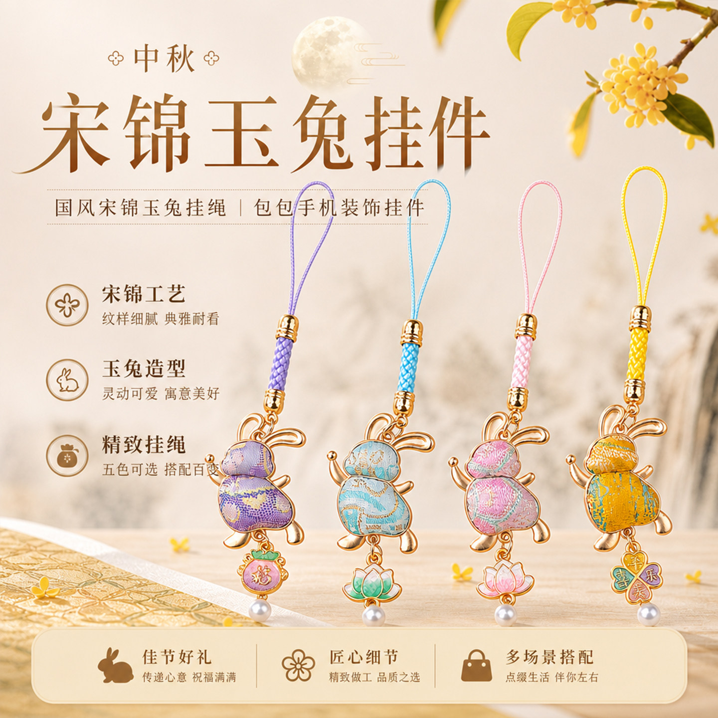 中秋宋锦玉兔流苏包包挂件送礼图片