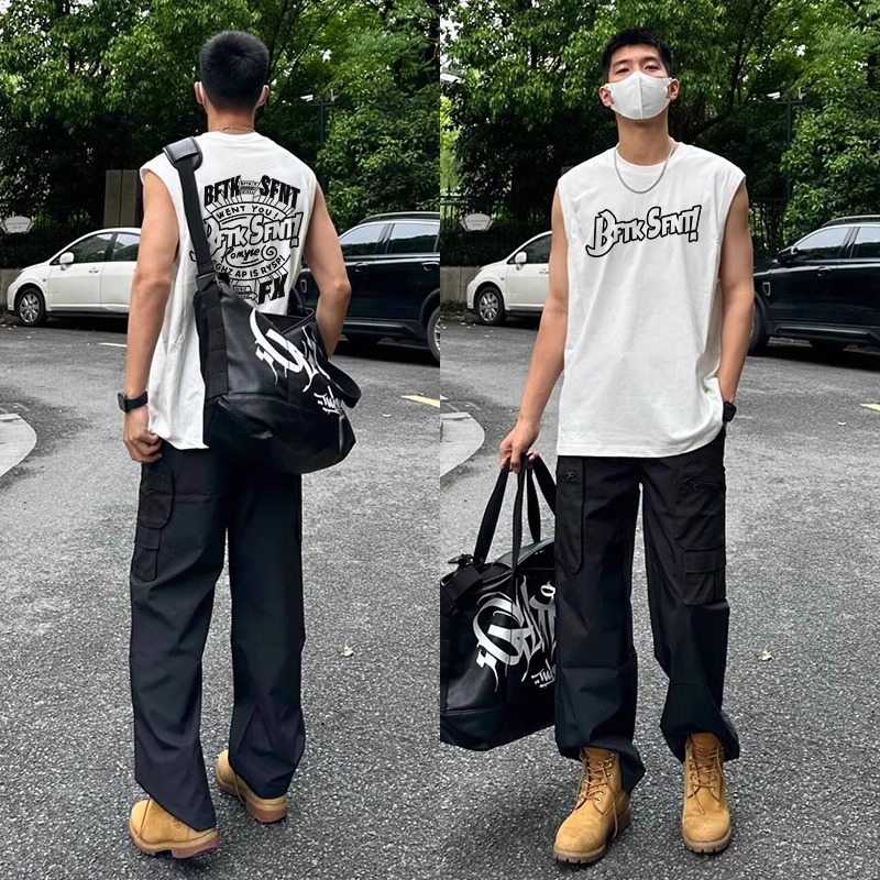 美式街头纯棉宽肩背心男款夏季2025重磅休闲运动篮球坎肩马甲t恤