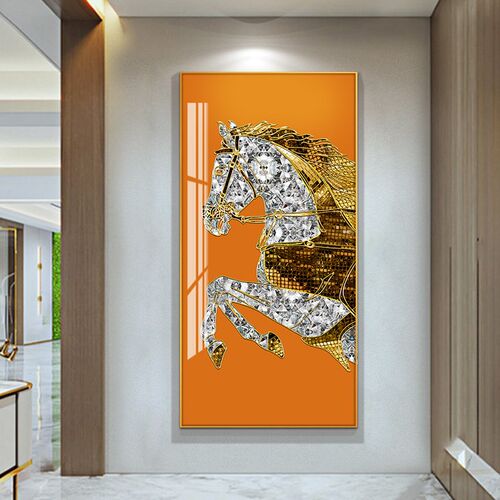 马到成功玄关装饰画现代简约走廊挂画客厅过道Q轻奢镶钻入户墙壁