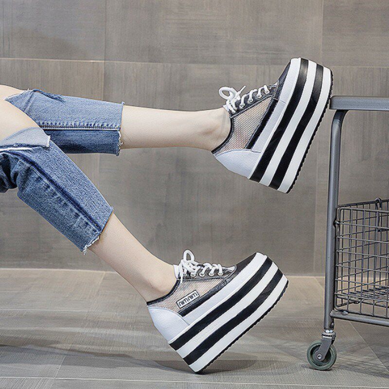 12CMa坡跟超高跟鞋防水台松糕厚底网纱凉鞋小个子增高单鞋白色女