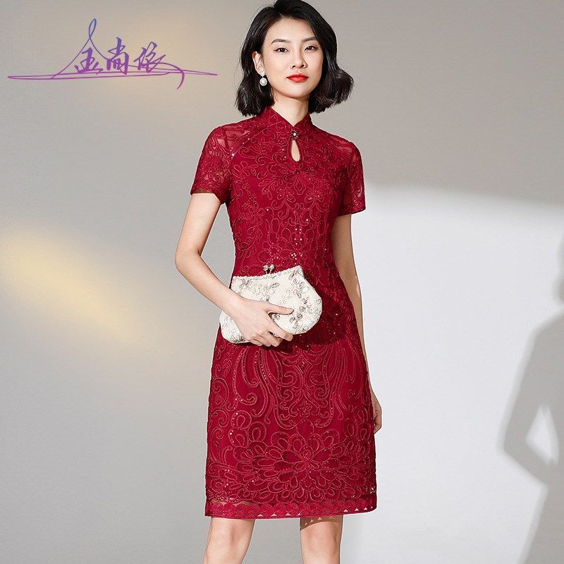 中年喜婆婆旗袍裙夏女儿婚礼妈妈装礼服岳母婚宴装高贵短袖连衣裙
