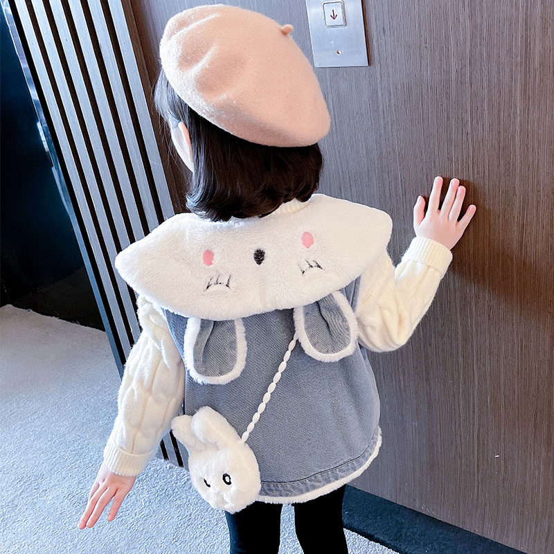 女童马甲秋冬季外穿洋气2024新款儿童冬装女宝宝加绒牛仔背心外套