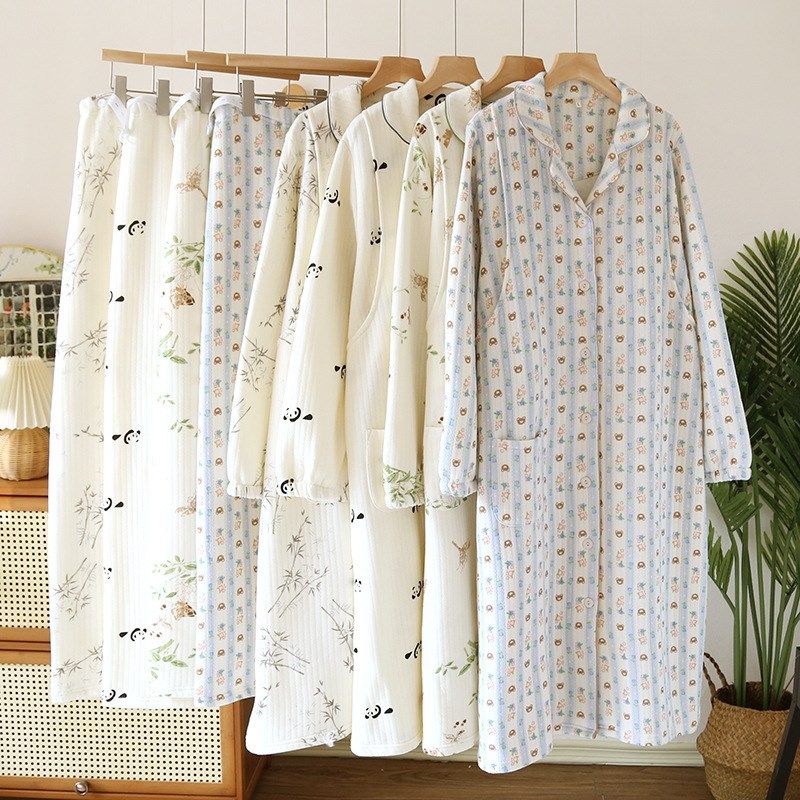 纯棉空气层月子服孕妇哺乳睡裙A长裤套装春秋冬产后保暖家居服宽