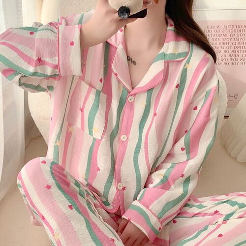 网红多巴胺粉色j条纹云朵棉月子服纯棉春夏季薄款孕妇哺乳甜美睡