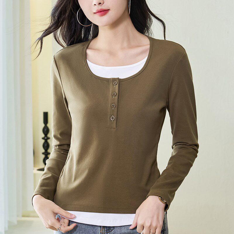 纯棉假两件长袖t恤女2024新款早秋冬撞色内搭打底衫修身外穿上衣