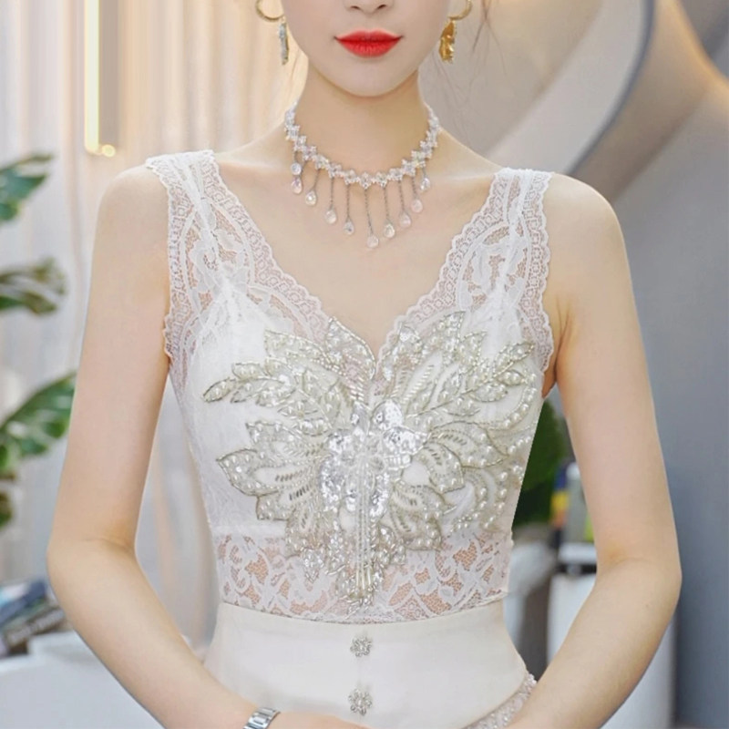 春夏百搭重工镶钻钉珠蕾丝吊带背心女美背修身大花朵刺绣上衣内搭