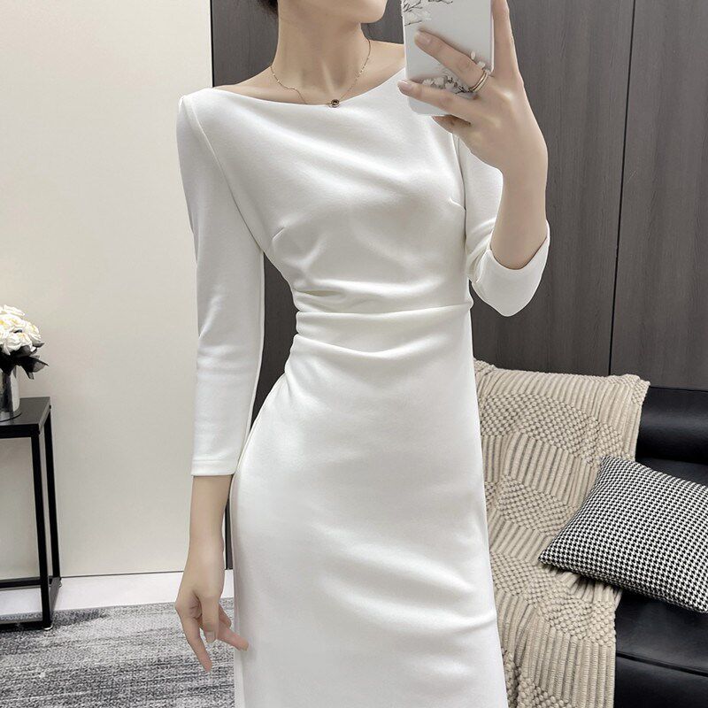 春秋长袖包臀中长裙开衩礼服领证小白裙女裙子白色连衣裙女高级感