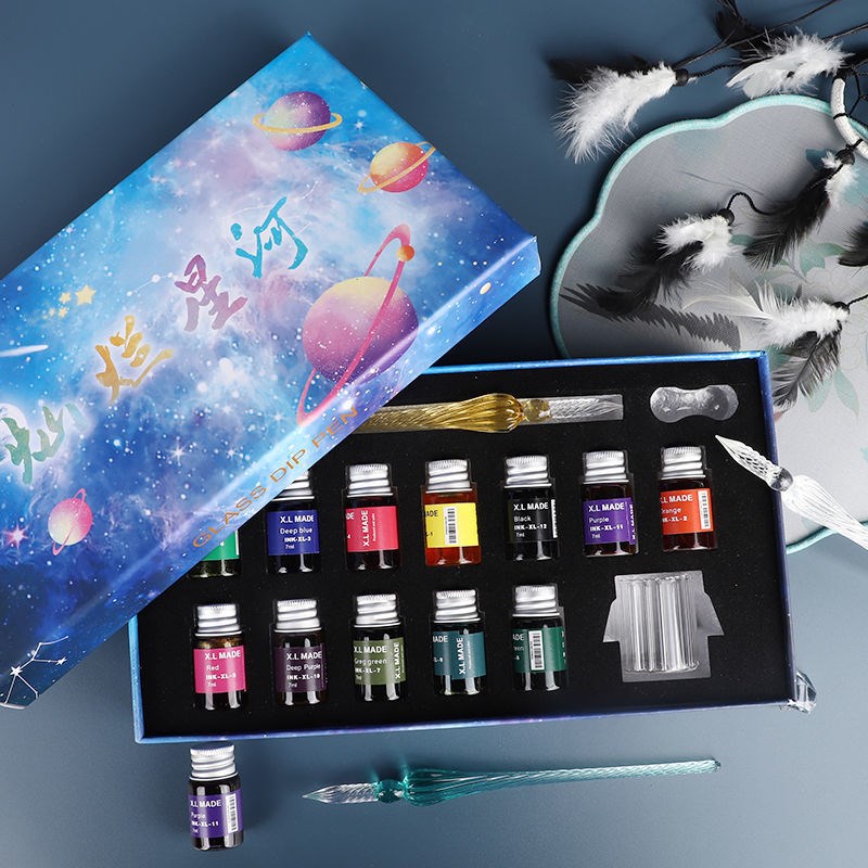 水晶蘸水玻璃笔灿烂星空笔彩墨签字笔学生网红礼品文具水晶钻笔套