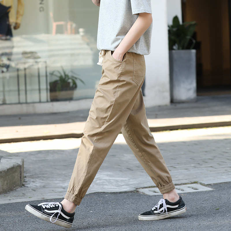 卡其色裤子女宽松工装裤夏季薄款小个子束脚休闲运动九分哈伦显瘦
