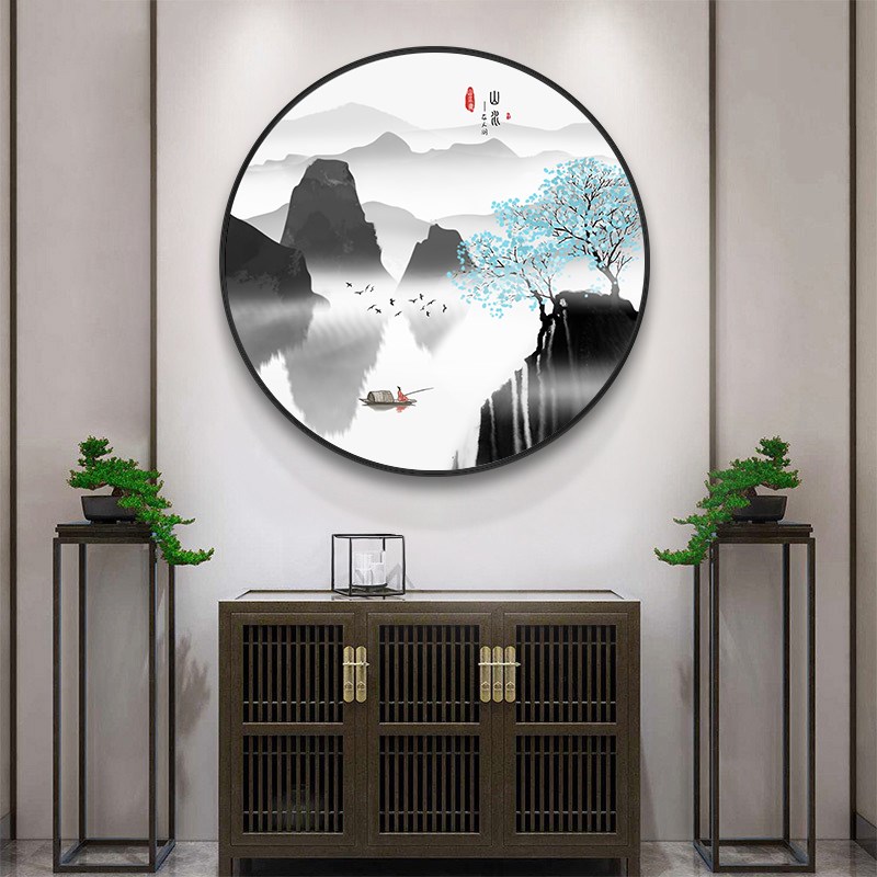 新中式圆形装饰画玄关走廊过道书C房茶室油画布铝合金有框晶瓷工图片