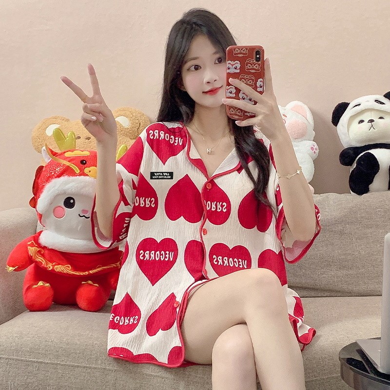 睡衣女士夏天f新款带胸垫卡通爱心短袖短裤开衫休闲家居服两件套